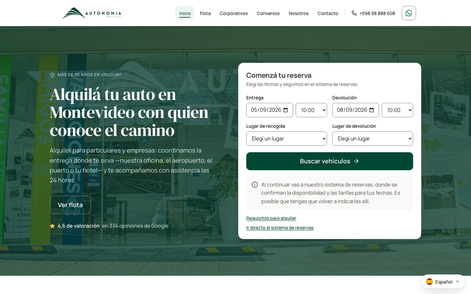 Home actual de Autonomía Rent a Car con el buscador de reserva